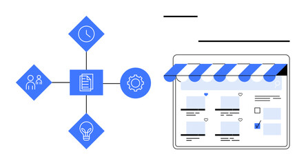 Blue icons representing team, time, ideas, and documents linked to gear icon. Digital storefront with products and checkmarks. Ideal for project planning, teamwork, productivity, management