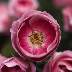 A close-up view of a blooming pink rose, showcasing intricate petals and vibrant colors