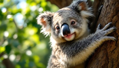 Obraz premium Adorable Koala Bear Cub Climbing Tree in Lush Green Forest