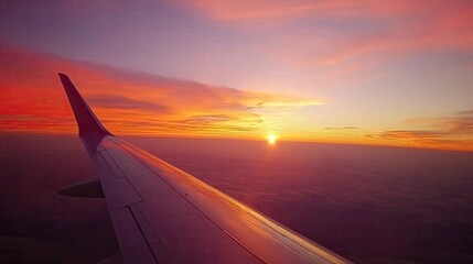 Obraz premium A vivid orange and pink sunset captured from an airplane window, the wingtip visible against the glowing horizon.