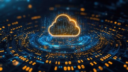 Fototapeta premium Digital cloud computing concept with glowing cloud icon surrounded by data streams and binary code
