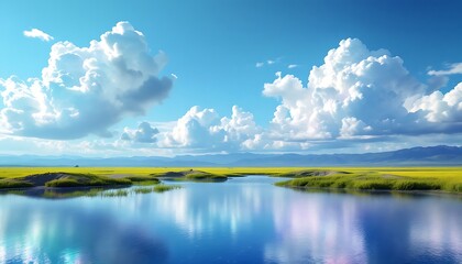 Serene Lake Landscape with Fluffy Clouds and Yellow Fields