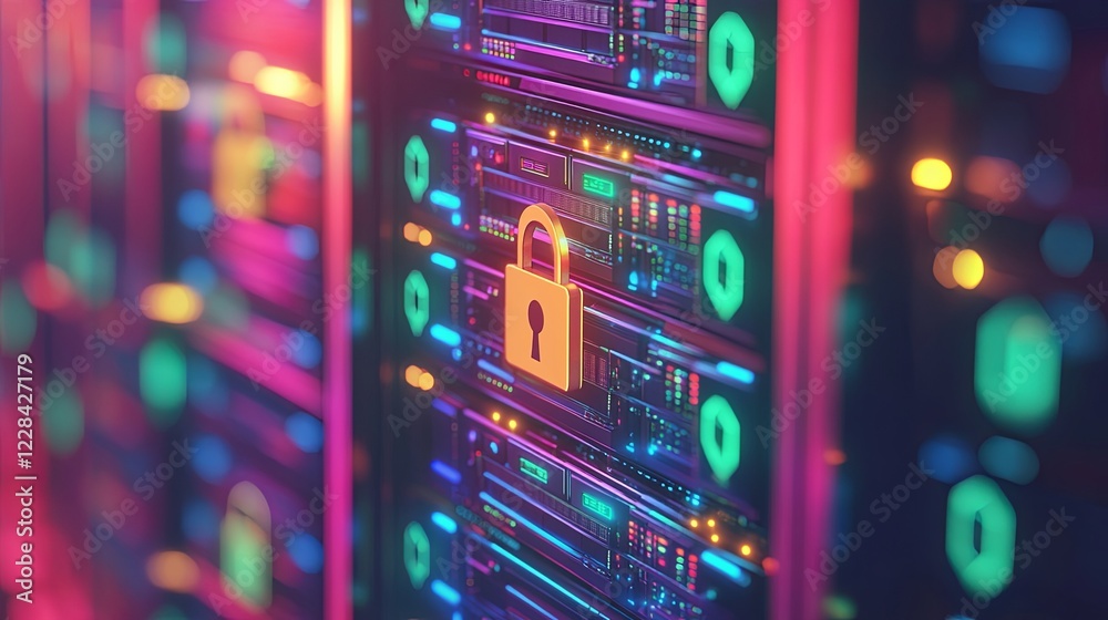 Poster impressive isometric cybersecurity hub showcasing colorful servers and a prominent padlock for secur