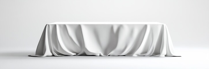 White draped table, studio backdrop, minimalist design, product display