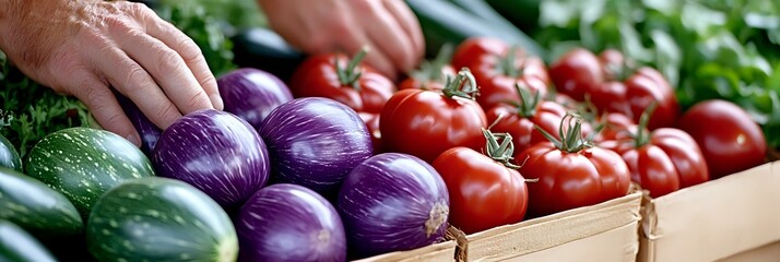 Fresh organic vegetables in wooden crate with farmer's hand selecting purple onions, alongside ripe tomatoes and green cucumbers, arranged for market display.