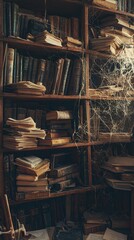 Dusty Old Bookshelves with Cobwebs in a Vintage Library Setting
