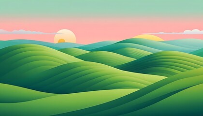 Obraz premium Serene Rolling Green Hills Sunset Landscape