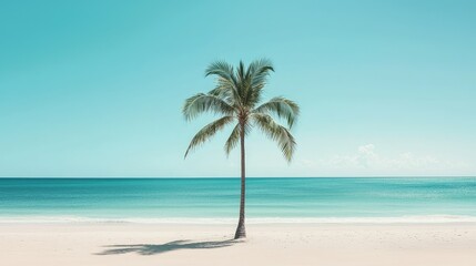 Fototapeta premium Serene Beach Scene with Isolated Palm Tree Against Azure Sky