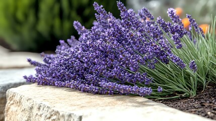Obraz premium Fresh lavender flowers lying on rustic stone in garden setting, vibrant purple blooms against blurred natural background, aromatherapy and wellness concept.