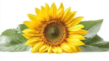 Fototapeta premium A vibrant sunflower with green leaves against a white background.