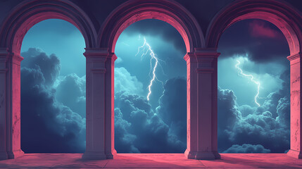 A surreal scene of arched openings revealing a stormy sky with lightning and clouds. Thunder Arch. Illustration