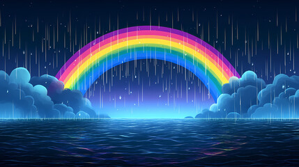 A vibrant rainbow arches over a stormy sea, with rain falling from the dark sky. Thunder Arch. Illustration