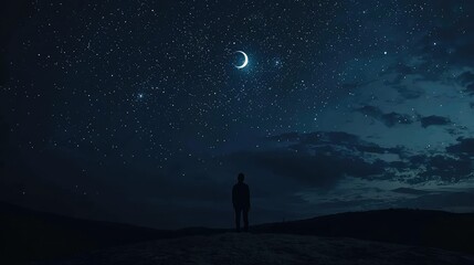 Person Standing Under Night Sky with Moon and Stars in Background