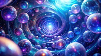 swirling vortex of purple and blue hues surrounds a cluster of glowing, iridescent orbs, dreamlike state, otherworldly atmosphere