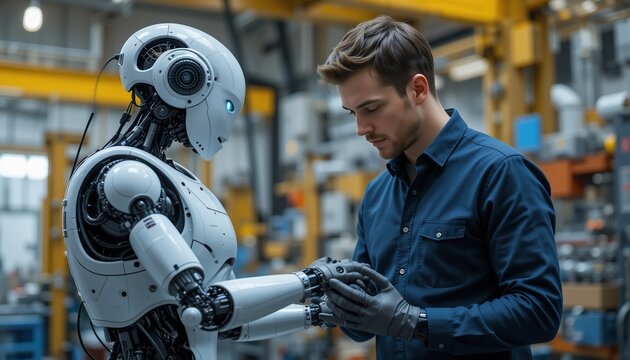 Advanced Robotics Male Engineer Inspecting Futuristic Robot Arm in Factory Setting