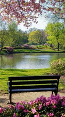 Serene Park Scene with Blooming Flowers and Tranquil Water Reflection