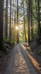 Obraz premium Tranquil Forest Pathway Illuminated by Golden Sunlight in Twilight