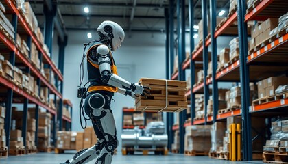 Fototapeta premium Advanced Robot Carrying Package in Modern Warehouse Logistics Facility