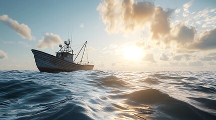 Obraz premium Fishing Vessel Sailing on a Calm Ocean at Sunset