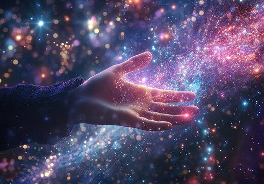 Fototapeta Woman hand touching The metaverse universe Digital transition