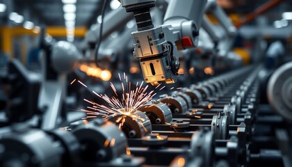 Industrial Robotic Arm Welding Metal Parts on Assembly Line Sparks Flying