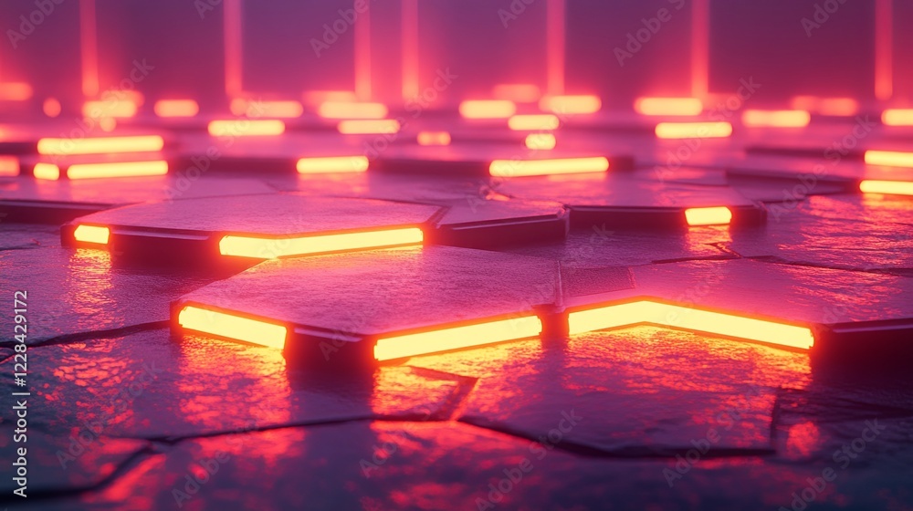 Poster Pulsating neon hexagons glow and rise in synchronized patterns in an endless space. Generative AI