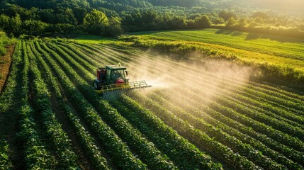Fototapeta premium Lush agricultural fields watered by automated systems, captured from a high-angle drone perspective.