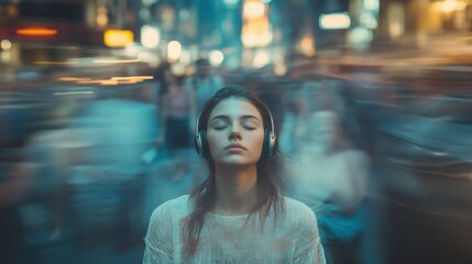 Listening to music in a busy city street night portrait urban zen vibes