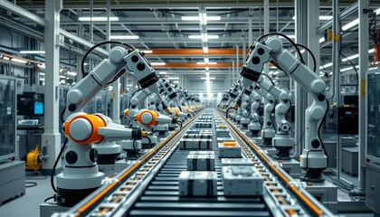 Fototapeta premium Automated Industrial Robotic Arms on Assembly Line Manufacturing Process