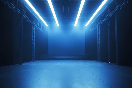 Futuristic empty stage with blue neon lights and metal truss structure