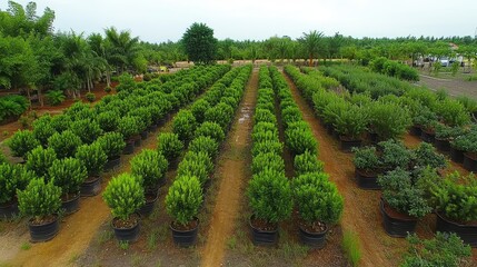 Fototapeta premium Overhead shot of a thriving nursery plantation with visible sprinkler systems keeping plants hydrated.