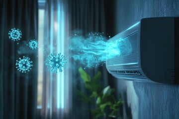 Air conditioner expelling viruses, glowing blue particles. Illustrates air purifier effectiveness against airborne illness.