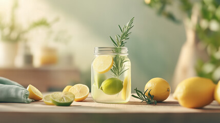 Refreshing citrus infused water in mason jar with rosemary against rustic wooden backdrop with copy space