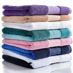Vibrant Towels Arrangement, neatly stacked colorful towels on a clean white background, showcasing a variety of textures and hues.
