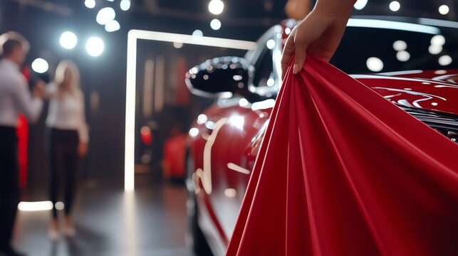 Premium car dealership hostess revealing gleaming red vehicle, dramatically pulling oversized cloth while capturing attention of eager potential buyers