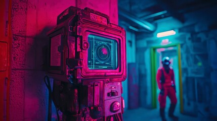 Futuristic Control Device in High-Tech Environment with Neon Lighting and Silhouette of a Person Walking