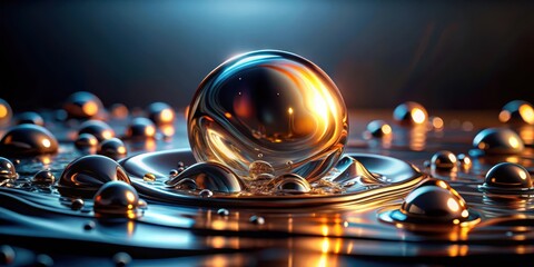 Mysterious liquid with metallic reflections on a dark surface, futuristic ambiance, mysterious liquid