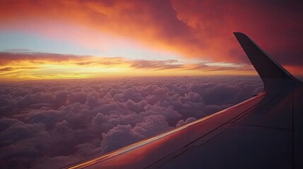 Obraz premium Sunset from an airplane window, showing the deep red and orange glow on clouds with the airplane wing in the foreground.