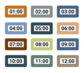 Colorful Digital Clock Time Display with Different Background Colors for Scheduling and Time Management Concepts. Illustration