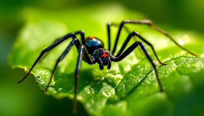 Obraz premium Black Spider on Green Leaf Macro Photography