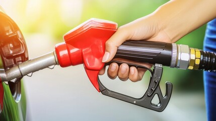Close-Up of a Hand Grasping a Red Fuel Pump Nozzle at a Gas Station During Daylight Hours