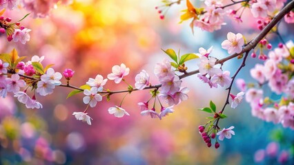 A delicate cherry blossom branch sways gently in the spring breeze amidst a vibrant garden filled with colorful flowers of various shapes and sizes , flower garden, colorful blooms