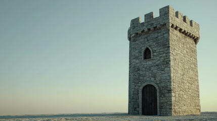 Ancient Stone Tower on a Serene Plain Under Light Blue Sky