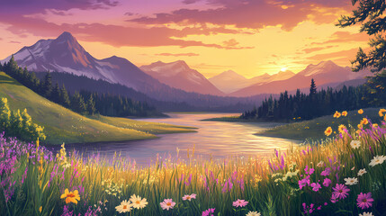Serene sunset view of a river valley, mountains, and wildflowers. Twilight Valley. Illustration