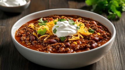 A hearty and flavorful chili con carne with beans, ground beef, and a rich tomato sauce