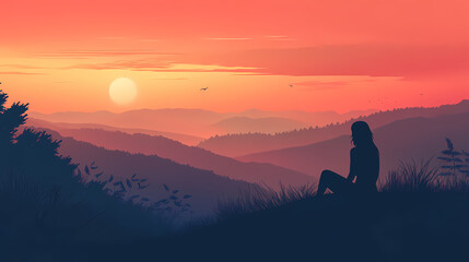 Obraz premium Silhouette of a woman sitting alone on a hilltop overlooking a misty valley at sunset. Twilight Valley. Illustration