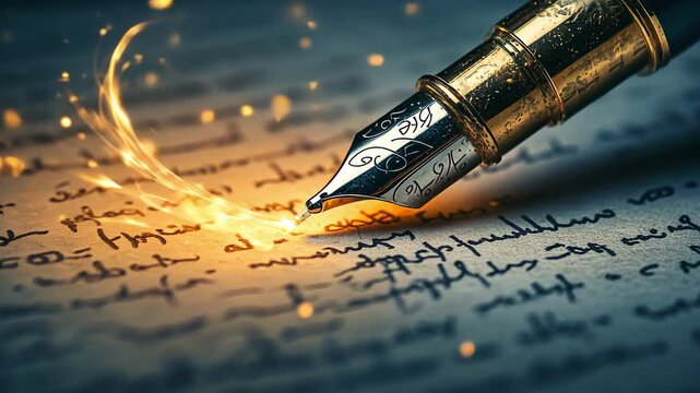 A glowing fountain pen tip sketching fiery golden sparks onto handwritten text, evoking creativity and inspiration.