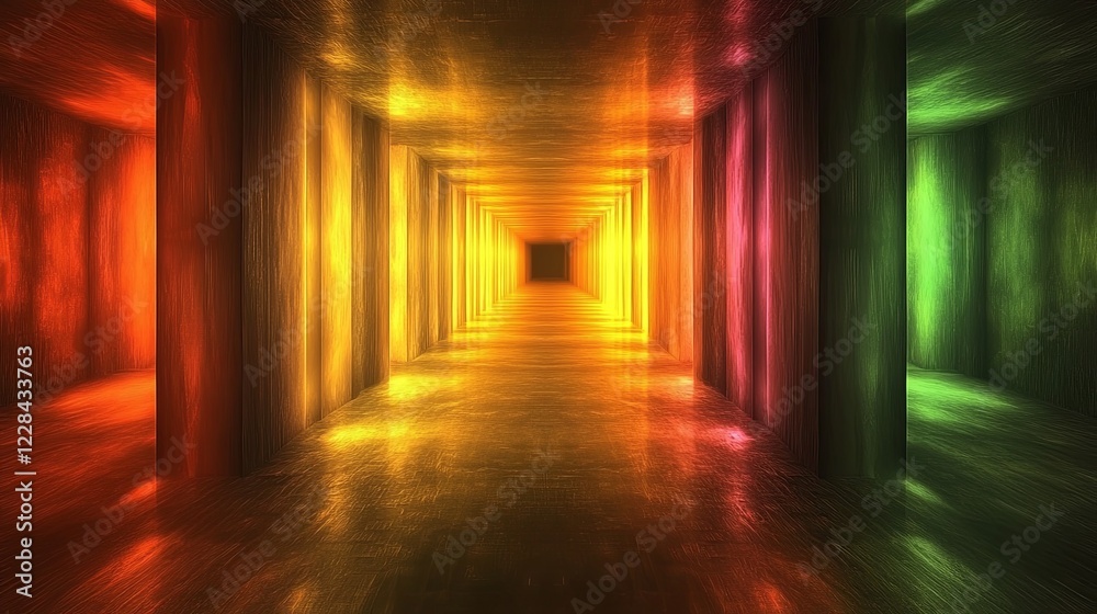 Poster exploring an ever-changing fractal tunnel with vibrant colors and dynamic depth perception. generati