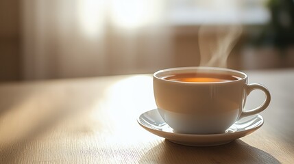 Obraz premium Hot Cup of Tea on Wooden Table With Soft Morning Light