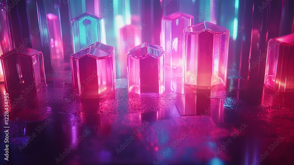 Poster pulsating neon hexagons rise and fall in a mesmerizing light show with vibrant color transitions. ge